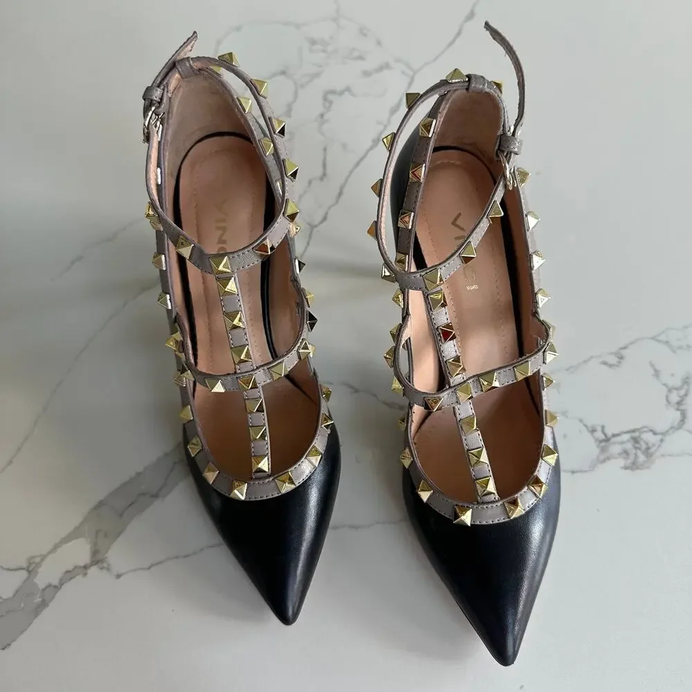 vinci Napa Siyah leather studded pointed heels Size 38 NEW